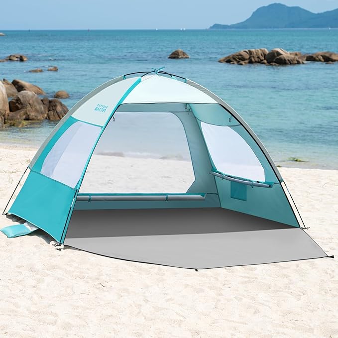 OutdoorMaster Beach Tent for 3/4/6/8 Person - Easy Setup Sun Shade Shelter, Portable Beach Shade Sun Canopy with UPF 50+ UV Protection, Removable Skylight Family Size