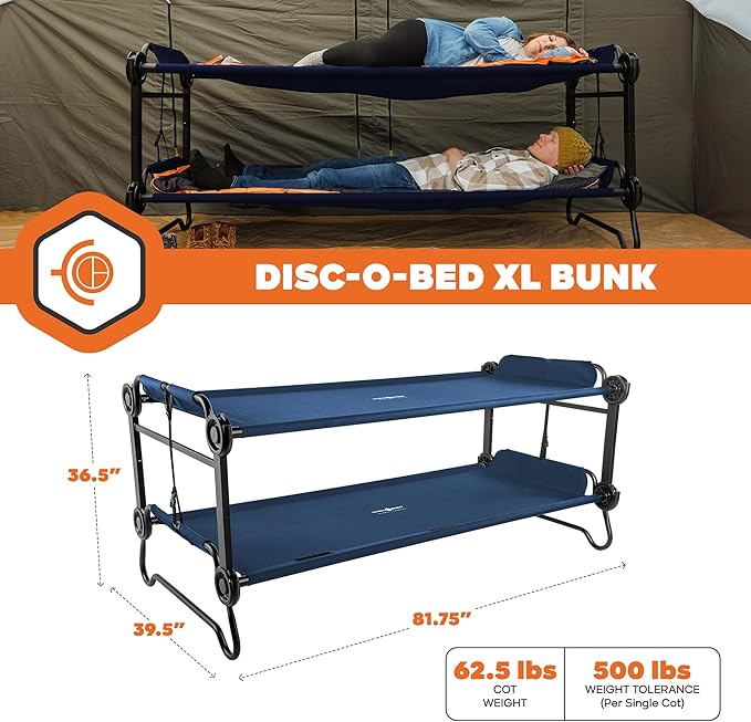 Disc-O-Bed Extra Large Portable Bunk Camping Cots with Carry Bags - Heavy-Duty Indoor or Outdoor Sleeping System, Converts to Bench or Separate Beds, 500 lb Weight Capacity Per Cot, Navy