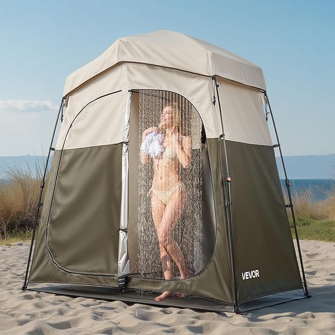 VEVOR Camping Shower Tent, 2-Room Foldable Portable Privacy Tent Changing Room with Ground Stakes, Ropes, and Carry Bag, 150D Oxford Fabric with Silver Coating, for Camping, Beach, and Fishing