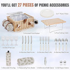 HappyPicnic Picnic Basket for 4, Handmade Wicker Picnic Set with Folding Table and Waterproof Blanket, Large Insulated Picnic Basket with Wine Bag & Cutlery Kit for Picnic, Camping, Holidays (Leaf)