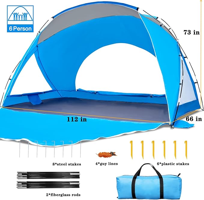 Beach Tent, Portable Sun Shelter for 2/3/4/6-8 Person with UPF 50+ UV Protection, Easy Setup Waterproof Beach Shade Canopy Cabana for Family Outdoor and Picnics, Fishing with Carrying Bag
