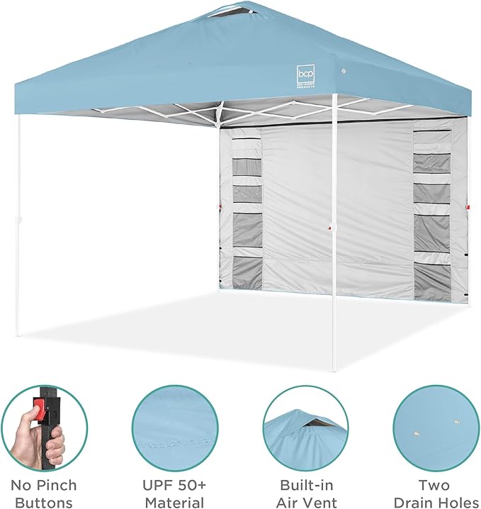 Best Choice Products 10x10ft Pop Up Canopy Tent with Sidewall, 1 Person 1 Minute Set Up, Carry Case, 4 Weight Bags - French Blue/White