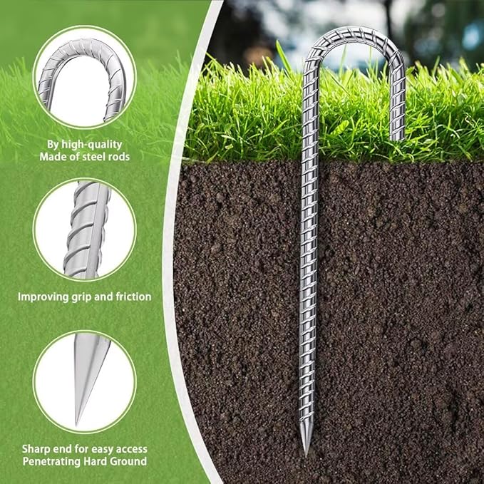J-Hook-Rebar-Stakes-12-Inch-16-Pack, Ground Stakes Heavy Duty for High Winds Galvanized Anti-Rust Metal Stakes for Ground Heavy Duty Ground Anchors for Garden Dog Fence Chicken Coop Water Pipe