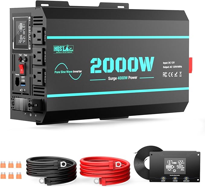 HQST 2000W Pure Sine Wave Inverter 12V DC to 110V AC Converter, w/ 4000W Peak, GFCI Protection, 3X AC Sockets, Hardwire Port, Remote, Solar Power Inverters for Vehicles, Camping, RVs, Home, Off Grid