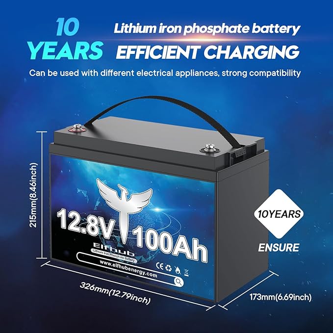 12V 100Ah LiFePO4 Lithium Battery, Upgraded 100A BMS, 10-Year Lifespan with Up to 15000 Cycles, Max. 1280Wh Energy,Perfect for RV, Solar, Trolling Motor