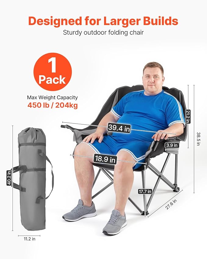 VEVOR Oversized Camping Chairs, 450 lbs Heavy Duty Support, Portable Padded Folding Camp Chairs with Dual Cup Holders & Wine Glass Holders, Carry Bag for Outdoor, Fishing, Black & Gray, 1 Pack