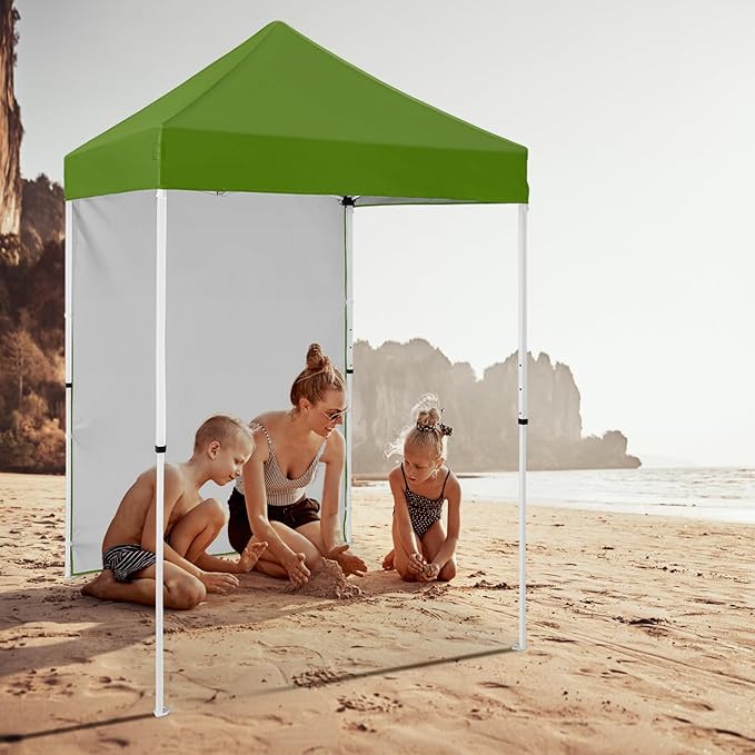 5x5 Pop Up Canopy Tent with One Sidewall, Instant Portable Beach Canopy, Outdoor Tent with Carry Bag for Camping, Sports, Tailgating, Events, Grass Green