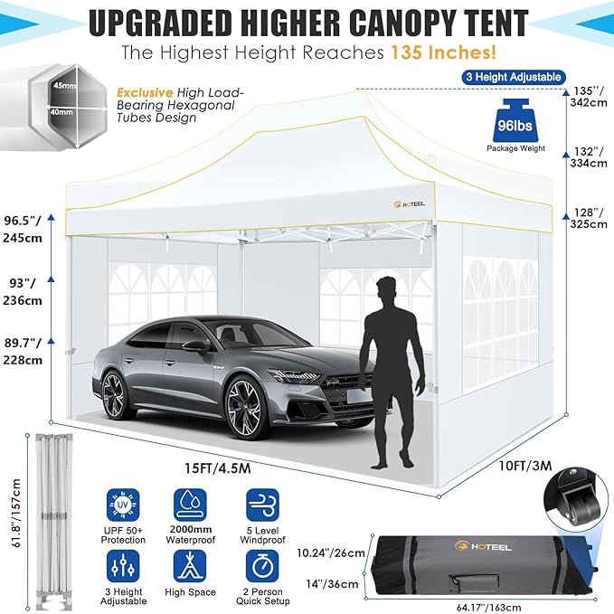 HOTEEL Canopy Tent 10x15 Heavy Duty Pop Up Canopy with Sidewalls, Party Tent with Roller Bag for Event Wedding, Upgraded Commercial Waterproof Instant Canopy, Thick Hexagonal Legs, UPF50+, White