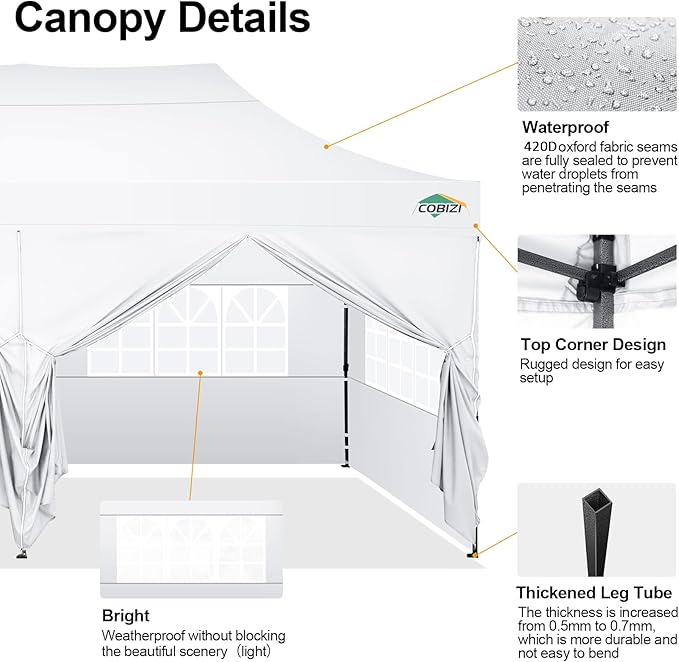 COBIZI 10x20 Pop Up Canopy Tent,10x20 Canopy with 6 Sidewalls,Waterproof Heavy Duty Commercial Canopy Tent for Parties Outdoor Garden Gazebo, Carry Bag with Wheel(10x20ft, White)