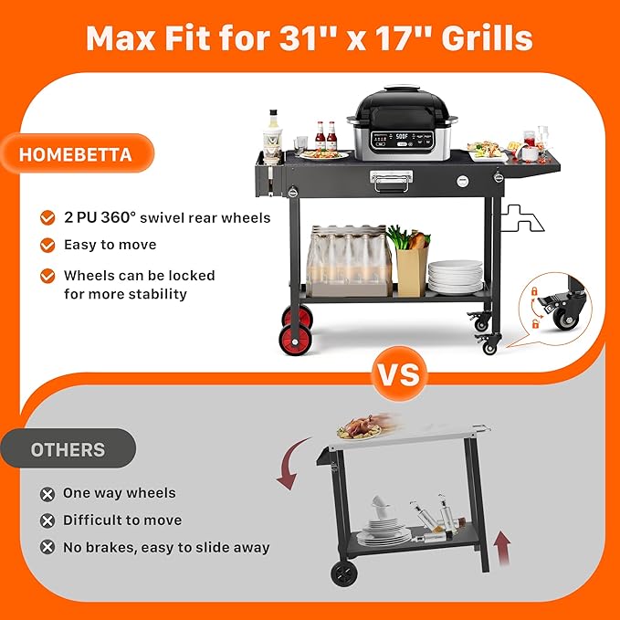 Portable Grill Table Cart with Wheels Foldable Blackstone Griddle Stand for 17"/22" Griddles, Ninja Woodfire Grill & Weber, Outdoor BBQ Prep Table with Storage Shelf Caddy for Camping, Tailgating