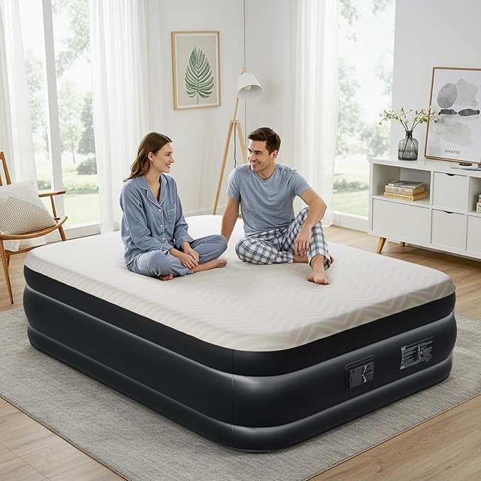 Queen Air Mattress with Built-in Pump, 80 x 60 x 18 inch Foam Topper Blow up Mattress,Supports 650 lbs,Quick Inflation/Deflation Inflatable Mattress for Home Guests Camping - Beige & Black