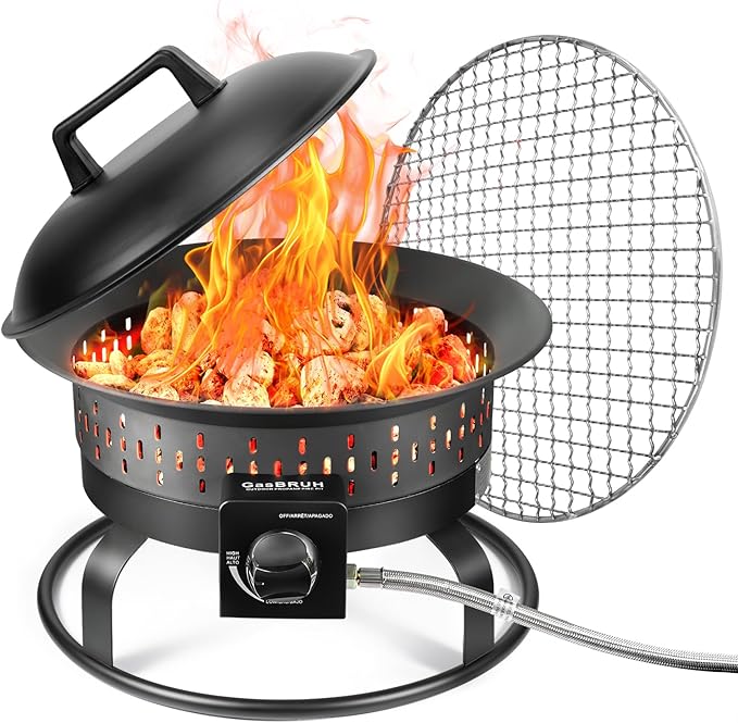 19″ Outdoor Portable Propane Fire Pit with Grill Grate, Cover&Carry Kit,Fireplace,60,000 BTU Camping Propane Firepit,Portable Gas Fire Pit for Outside Patio,Camping,RV,Smokeless Gas Firebowl