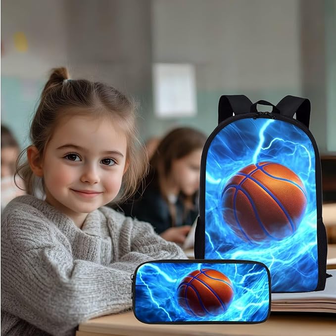 Kids School Backpack Boys Basketball Backpack with Lunch Box Soft Pencil Case for Boys Kindergarten Elementary Middle Bookbag Set for 17 Inch Mochilas Escolares Para Niños