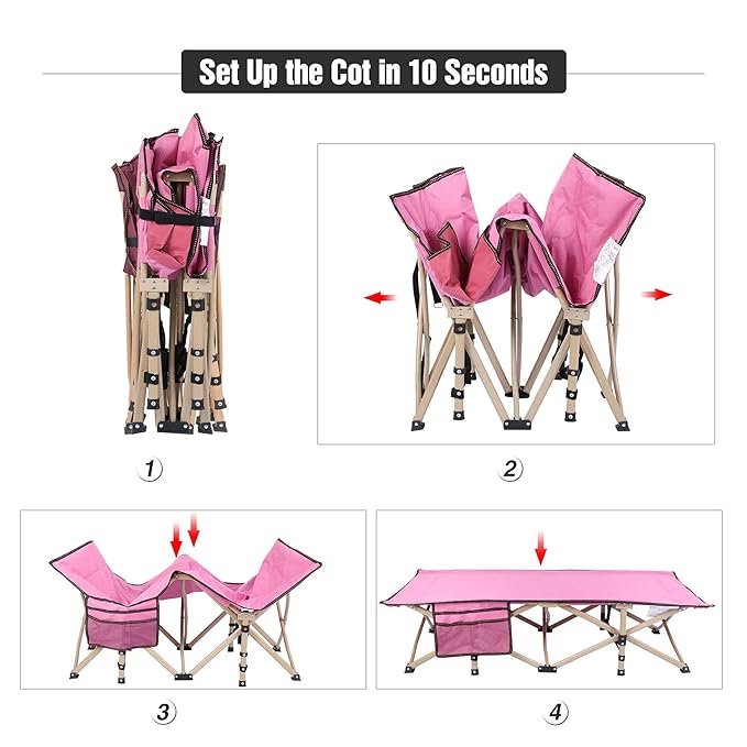 REDCAMP Extra Long Kids Cot for Sleeping 2-7 Years, Portable Travel Toddler Cot Bed with Carry Bag, Lightweight for Outdoor Indoor Home, Pink 53''x26''