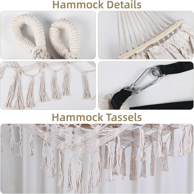 Portable Hammock, Hanging Hammock with Tassels and Fishtail Knitting, 320GSM Hanging Bed with Set Full Accessories for Outdoor Camping Patio Balcony Beige