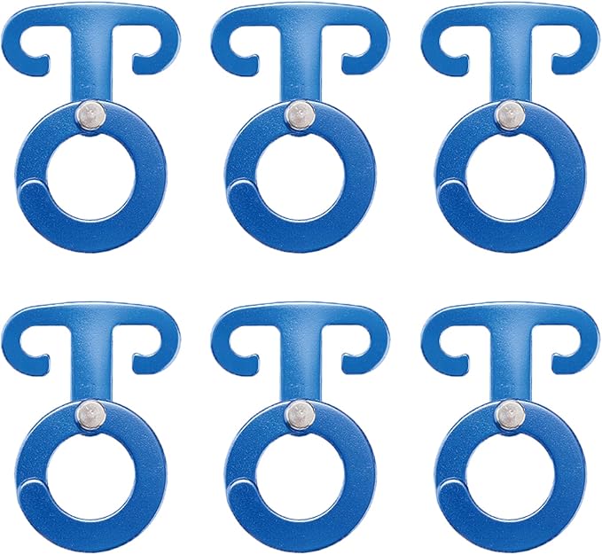 TRIWONDER Ultralight Aluminum T-Ring Hooks, Paracord Tension Camp Hooks Guyline Cord Adjuster for Tent Camping Hiking Backpacking Outdoor Activity (Blue - 6 Pack)