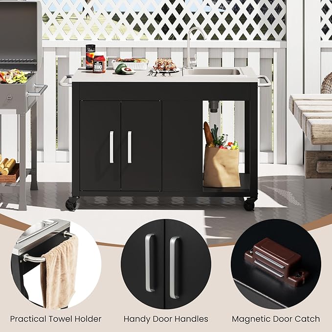Happygrill 56" Outdoor Grill Table with Sink & Drainage, Heavy Duty Metal Grill Cart with Stainless Steel Top & Storage Cabinet, Outdoor Prep Table with Handles & Wheels for Patio, Garden & Backyard