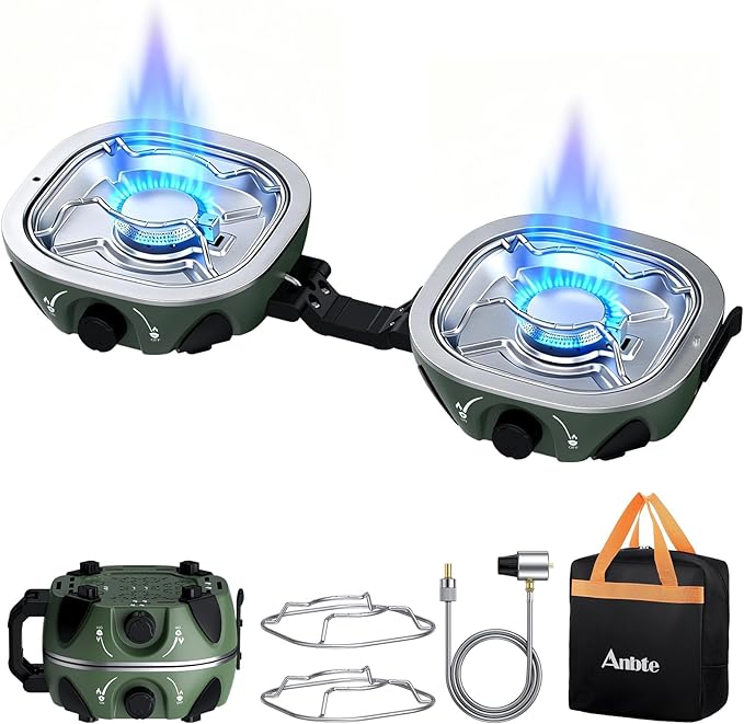 Anbte 20,000 BTU 2-Burner Propane Foldable Camping Stove, Portable Camping Stove with Adjustable Burners 20.6" Wide Spacing & Complete Kit, for Cooking, Car Camping, Beach, RV, Tailgating Essentials
