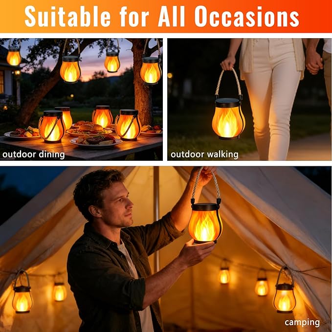 Solar Lantern Lights Outdoor, 2Pack Flickering Flame Light Hanging Solar Powered Lantern Lights Waterproof with Dual Charging (USB/Solar) & 2 Modes for Yard Patio Path Tree Garden Camping Decoration