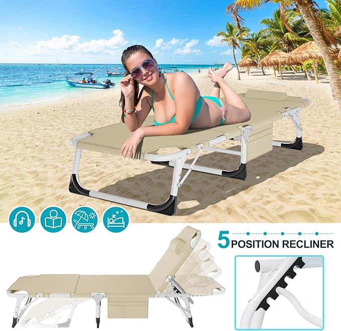 ABORON Folding Camping Cot W/Mat & Face Arm Hole for Adults, Adjustable Heavy Duty Outdoor Bed,1200 D Layer Oxford Travel Camp Cots for Beach, Pool, Lawn,Yard, Patio