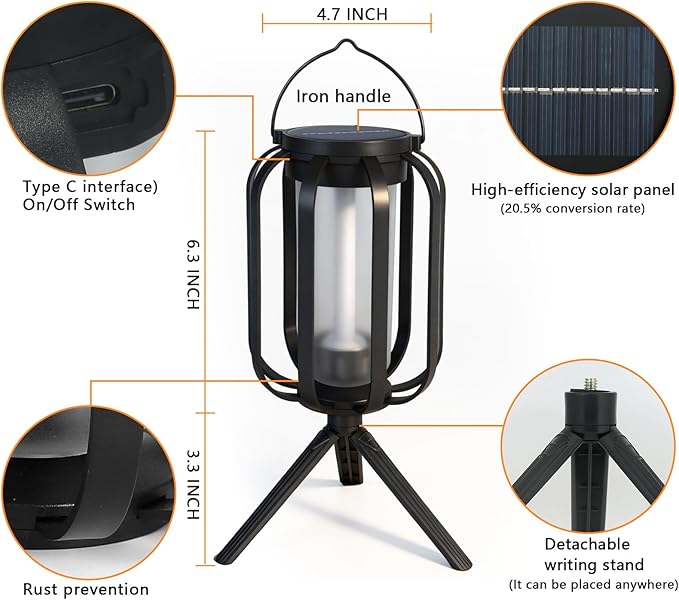 2 Pack Solar Lantern Lights Outdoor Waterproof Flickering Flame Light, Solar Lights with Dual Charging (USB/Solar) & 4 Modes Hanging Camping Light for Yard Patio Path Tree Porch Garden Decoration