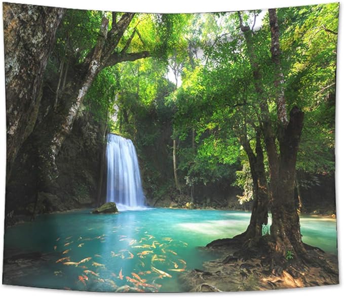 Forest Waterfall Tapestry Wall Hanging Sandy Beach Picnic Rug Camping Tent Sleeping Pad Home Decor Bedspread Sheet Wall Cloth (60x51inch,8)