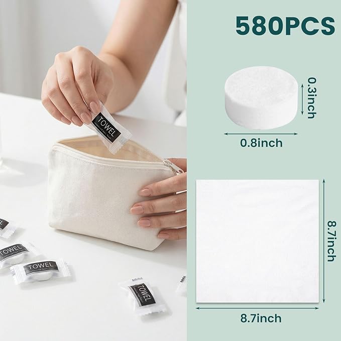 MCPINKY 580PCS Compressed Towels, Bulk D isposable Towels for Face Portable Washcloths for Travel Expandable Wipes Tablets Survival Gear Kit for Outdoors Camping Hiking Hotel