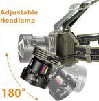 Rechargeable LED Headlamp, 2000LM Super Bright Head Lamp with Zoomable Lens, Tactical Hard Hat Light with Rear Safety Light, Waterproof for Camping, Running