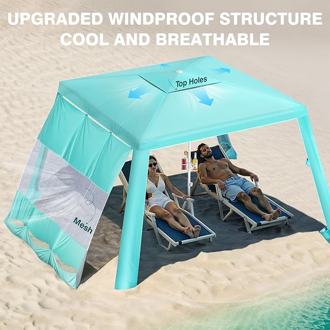 Rhino Valley Beach Cabana, 8 * 8FT Beach Shade Canopy Tent UPF50+ Protection, Easy Setup Wind Resistant with Cup Holder, Portable Foldable Beach Tent Sun Shelter for Whole Family, Turquoise Green