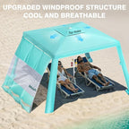 Rhino Valley Beach Cabana, 8 * 8FT Beach Shade Canopy Tent UPF50+ Protection, Easy Setup Wind Resistant with Cup Holder, Portable Foldable Beach Tent Sun Shelter for Whole Family, Turquoise Green