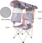 Camping Chair with Full Sun Protection Canopy - Outdoor Folding Chair with Adjustable Shade, Cup Holder, Side Pockets - Heavy Duty Beach Chair with Canopy Shade Support 330 lbs (Gray)