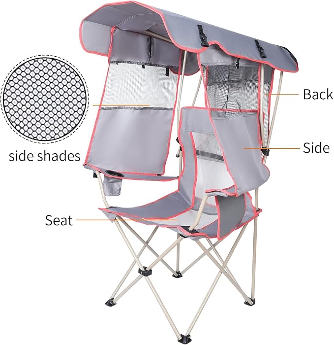 Camping Chair with Full Sun Protection Canopy - Outdoor Folding Chair with Adjustable Shade, Cup Holder, Side Pockets - Heavy Duty Beach Chair with Canopy Shade Support 330 lbs (Gray)