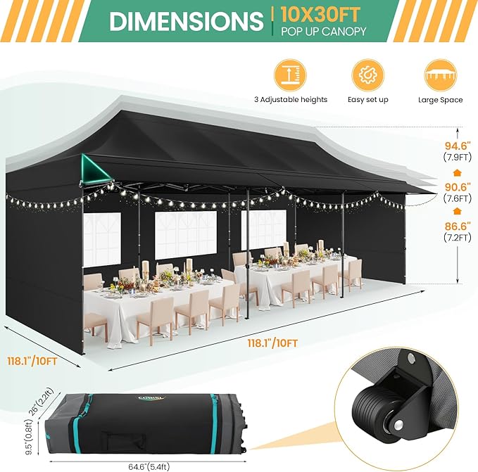 COBIZI 10x30 Pop Up Canopy Tent with Awning & Sidewalls, Heavy Duty Commercial 10X30 Canopy Tents Instant Waterproof, UPF 50+ Sun Shade for Outdoor, Parties, Markets Black