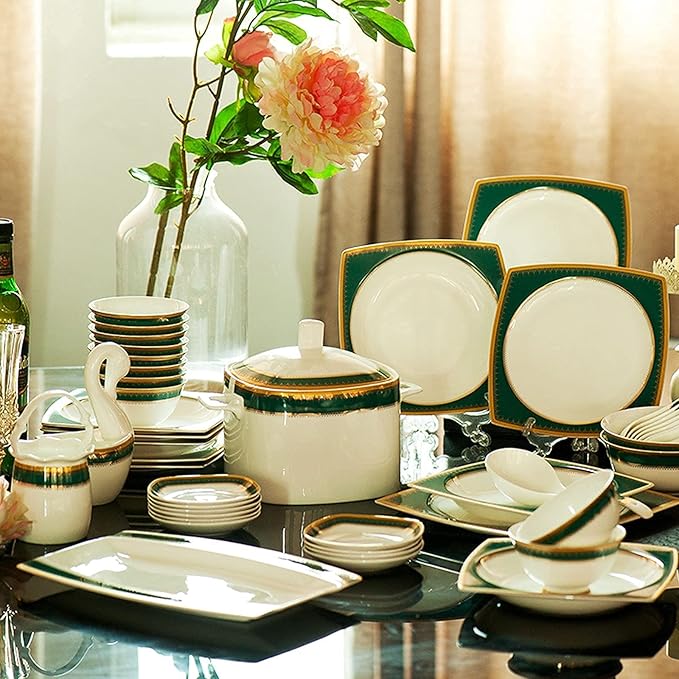 Square Stoneware Tableware Set 58-Piece Phnom Penh Bone China Porcelain Tableware Set, Service for 6-10, Green