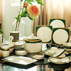 Square Stoneware Tableware Set 58-Piece Phnom Penh Bone China Porcelain Tableware Set, Service for 6-10, Green