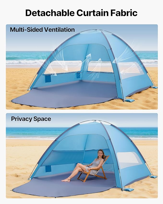 VEVOR Beach Tent Sun Shelter for 8 Person, UPF 50+ Protection, Portable Sun Shade Beach with Carrying Bag & Sand Pockets, Lightweight and Easy Setup Beach Umbrella for Camping Fishing Outdoor Picnic