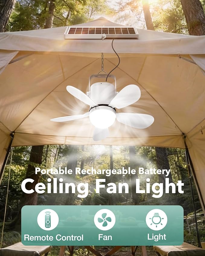Solar Ceiling Fan Light, 30W Solar Gazebo Fan with Remote, Portable Solar Canopy Fans for Outside, Rechargeable Battery Operated Camping Fan, for Tent Shed Patio Greenhouse Porch Pergola