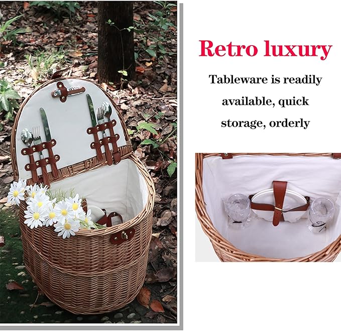 Outdoor Camping Picnic Basket Hand Lever Type Multi-Function Rattan Basket with Rollers Insulation Tableware Storage Box for Outdoor Picnic