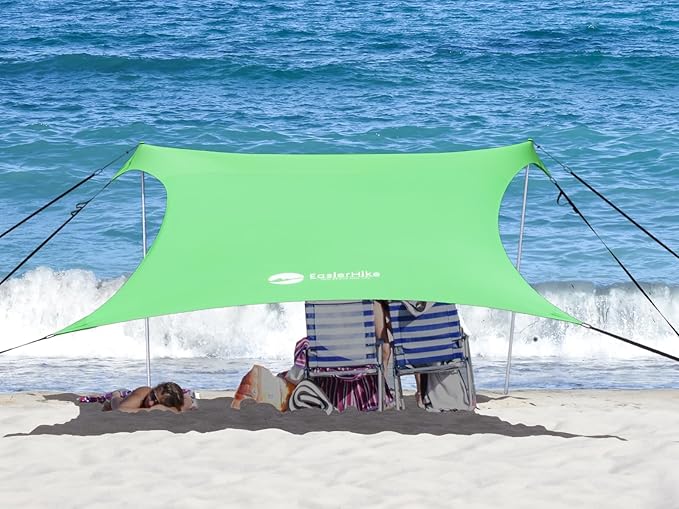 Beach Canopy Windproof Design, Sun Shelter UPF50+ Portable Family Tent with 6 Sandbags Anchors 10x10 FT 2 Pole Pop Up Outdoor Shelter for Beach, Camping, Fishing, Backyard