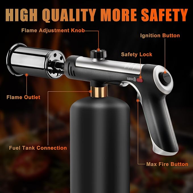 Torch Gun with One-Touch Max Fire, Safety Lock, Blow Torch Gun for BBQ, Grill, Charcoal Lighter, Cooking Flamethrower (Tank Not Included)