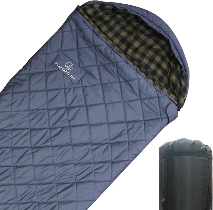 Mountainlodge 100% Cotton Shell and Lining Sleeping Bag for Adult Cold Weather with Compression Bag&Carry Bag for Camping,Travel and Car Camping