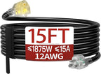 15 FT 12 Gauge Extension Cord Outdoor, Heavy Duty Weatherproof & Flame Retardant Black 3 Prong Power Cord with Light, Outside for Lawn & Garden, 15 Amps 1875 Watts 125 VAC 12AWG SJTW, ETL Listed