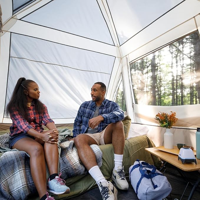 CORE Instant Cabin Tent with LED Lights | Large Family Lighted Pop Up Tent with Carry Bag for Camping, Glamping, and Backyard Adventures | Included Storage Pockets for Camp Accessories
