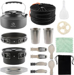 17-Piece Camping Cookware Set, Lightweight Backpacking Pot & Pan Kit with Non-Stick Anodized Aluminum, 0.45Gal Pot, 0.30Gal Kettle, 2 Cups & Cutlery Sets, Compact for Hiking(Plastic)