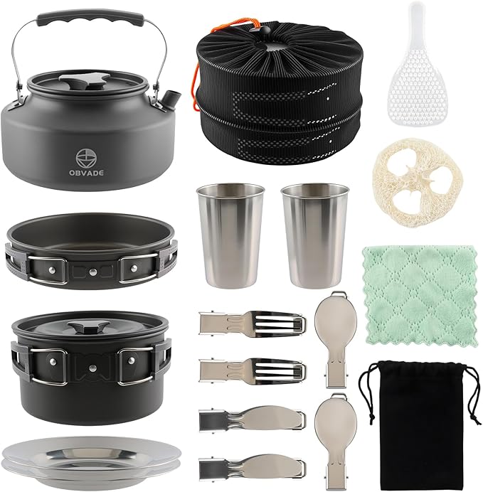 17-Piece Camping Cookware Set, Lightweight Backpacking Pot & Pan Kit with Non-Stick Anodized Aluminum, 0.45Gal Pot, 0.30Gal Kettle, 2 Cups & Cutlery Sets, Compact for Hiking(Plastic)