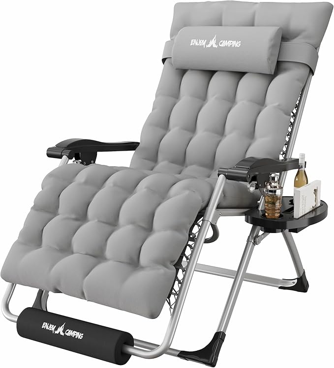 Amopatio Oversized Padded Zero Gravity Chair, XL 29In Reclining Camping Lounge Chair w/Removable Cushion&Headrest, Upgraded Lock and Footrest, Folding Patio Recliner for Indoor Outdoor, Grey