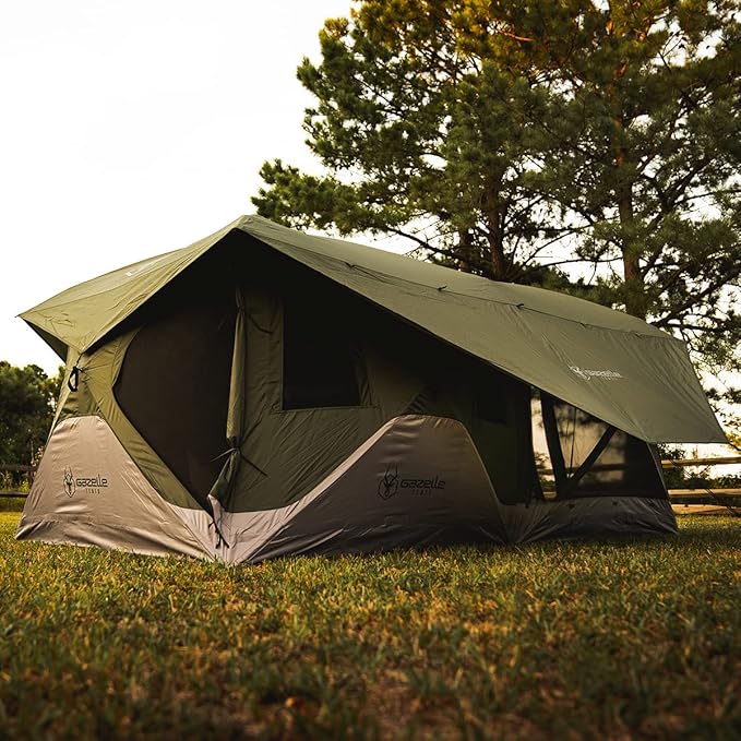 Gazelle T3 Tandem GT350GR Pop-Up Portable Camping Hub Tent, Easy Instant Set up in 90 Seconds, Alpine Green, 6-Person, Family, Overlanding, 82" x 152"