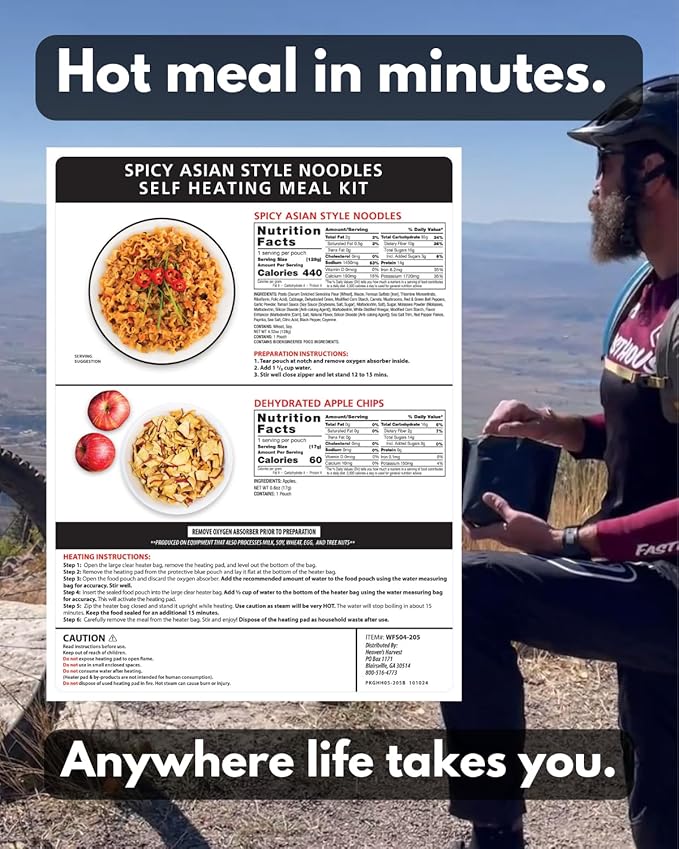 Heaven's Harvest Self-Heating Emergency Meal Kit (10 Year Shelf Life) — Tastier than MRE Meals & Ready-To-Eat in Minutes! Just add water to activate the “cooking” process. (Spicy Noodles) (6-Pack)