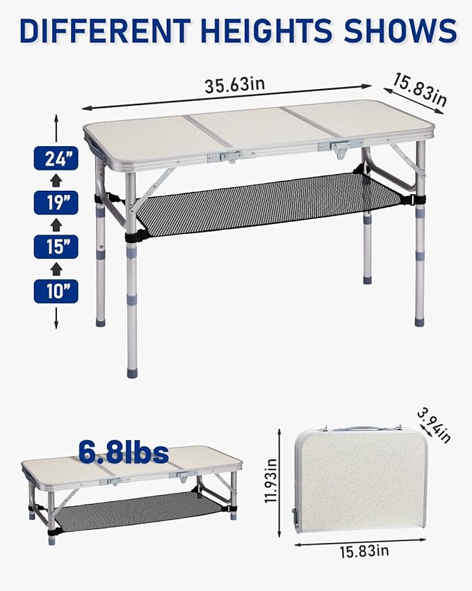 Outvita Folding Table, 3FT Aluminum Camping Table with Storage Adjustable Height Picnic Table Lightweight for Carring Outdoor Party Events Beach