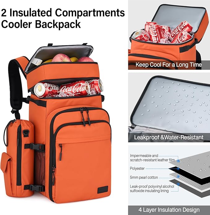 Hanke Backpack Cooler, 40 Cans Soft Leak Proof Picnic Backpack, Portable 2 Insulated Compartments Cooler Backpack Water Resistant for Lunch Beach Travel Camping Picnic Hiking,Orange